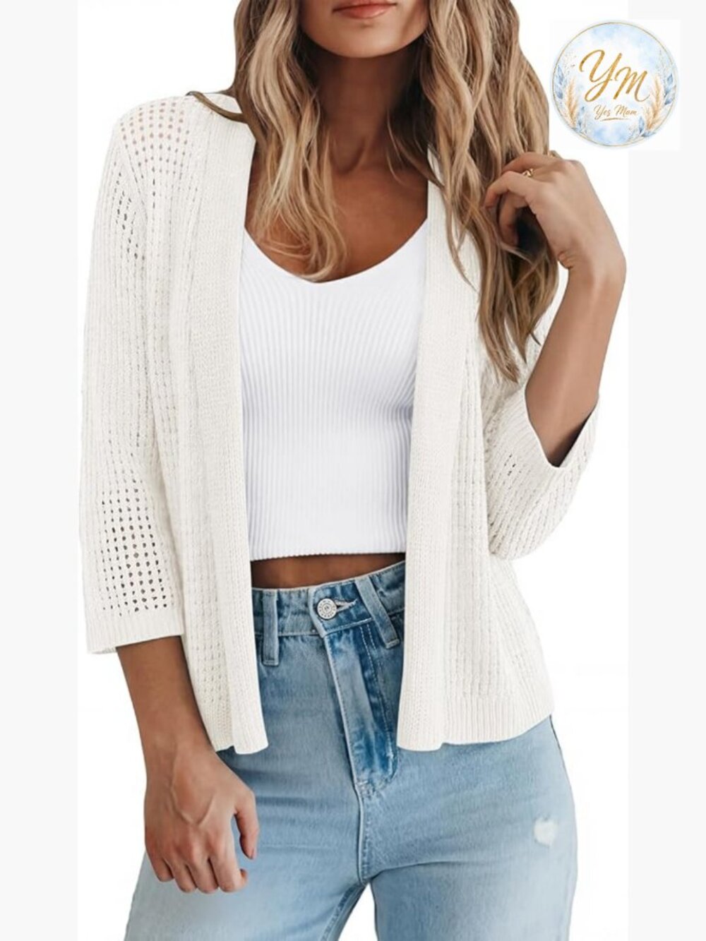 3/4 Sleeve Openwork Knit Cardigan Shrug - Spring Casual